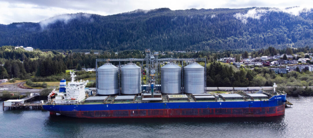 vessel in port in front of four silos.