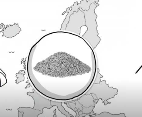 Drawing of wood pellets in a circle on top of an image of the United Kingdom.